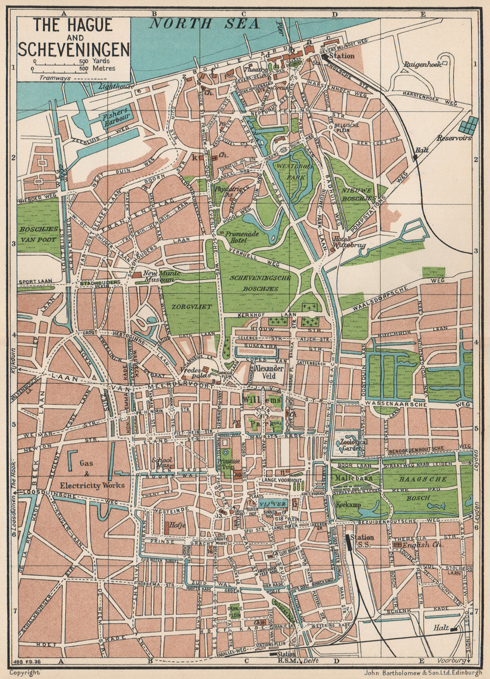 THE HAGUE AND SCHEVENINGEN. Vintage town city map plan. Netherlands 1933
