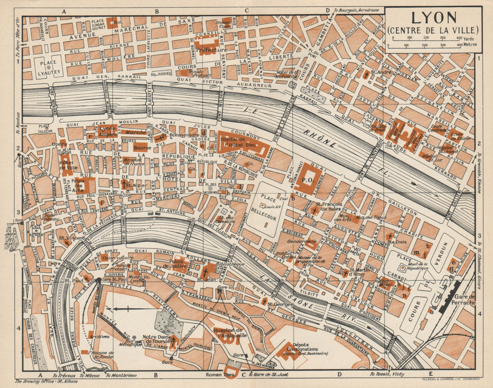 LYON LYONS. Centre de la ville. Vintage town city map plan. Rhône 1954 old
