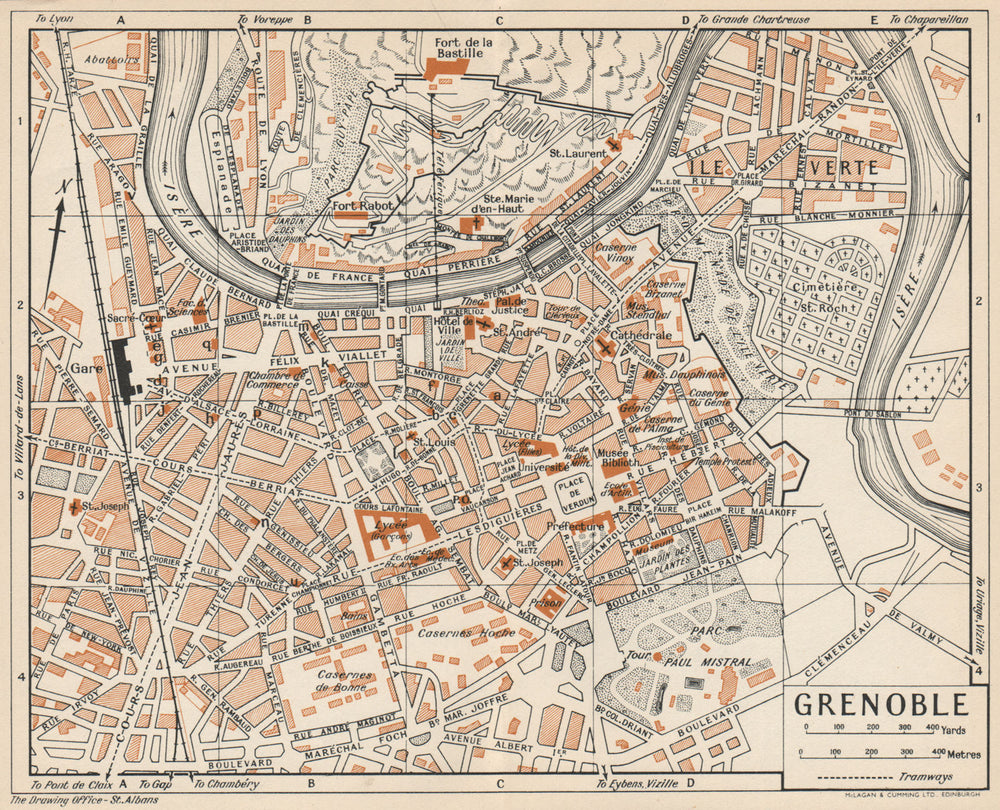 GRENOBLE. Vintage town city map plan. Isère 1954 old vintage chart