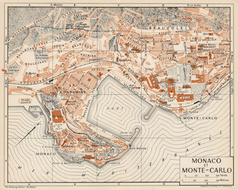 MONACO ET MONTE-CARLO. Vintage town city map plan. Alpes-Maritimes 1954