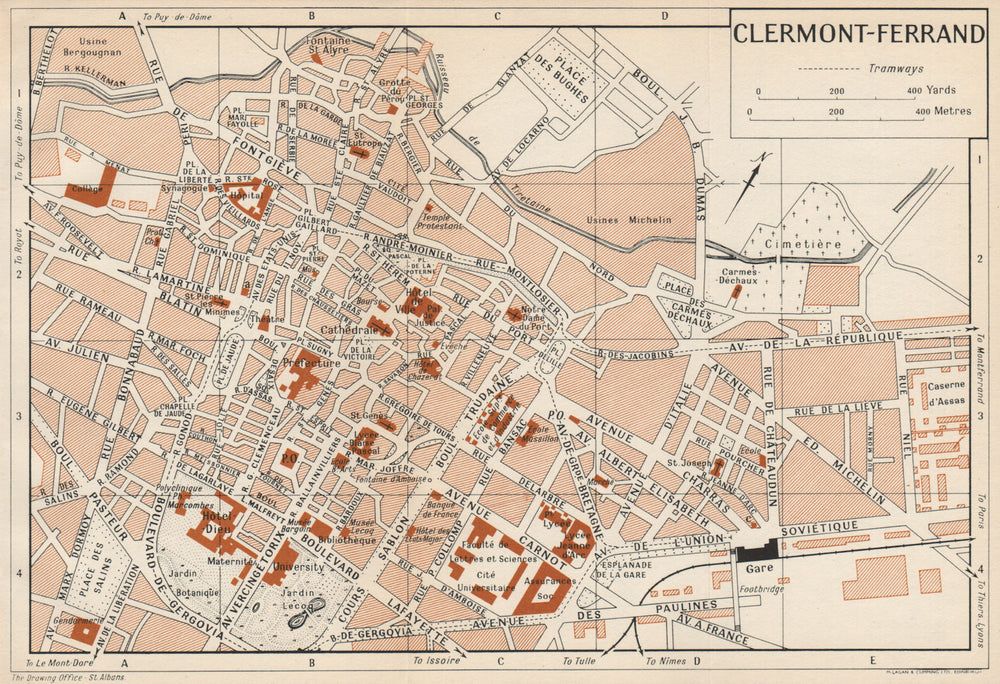 CLERMONT-FERRAND. Vintage town city map plan. Puy-De-Dôme 1954 old vintage