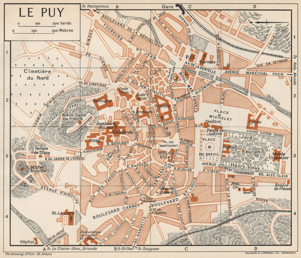LE PUY-EN-VELAY. Vintage town city map plan. Haute-Loire 1954 old vintage
