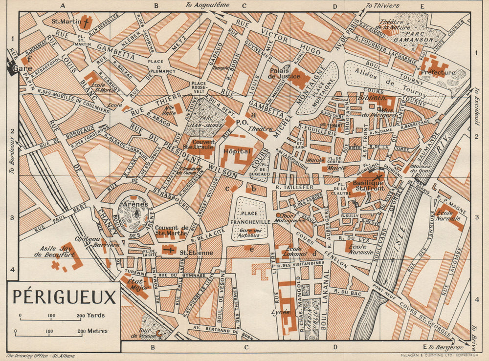 PÉRIGUEUX. Vintage town city map plan. Dordogne. Périgueux 1954 old