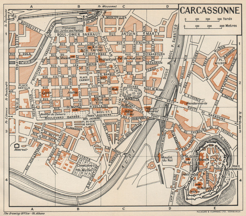 CARCASSONNE. Vintage town city map plan. Aude 1954 old vintage chart