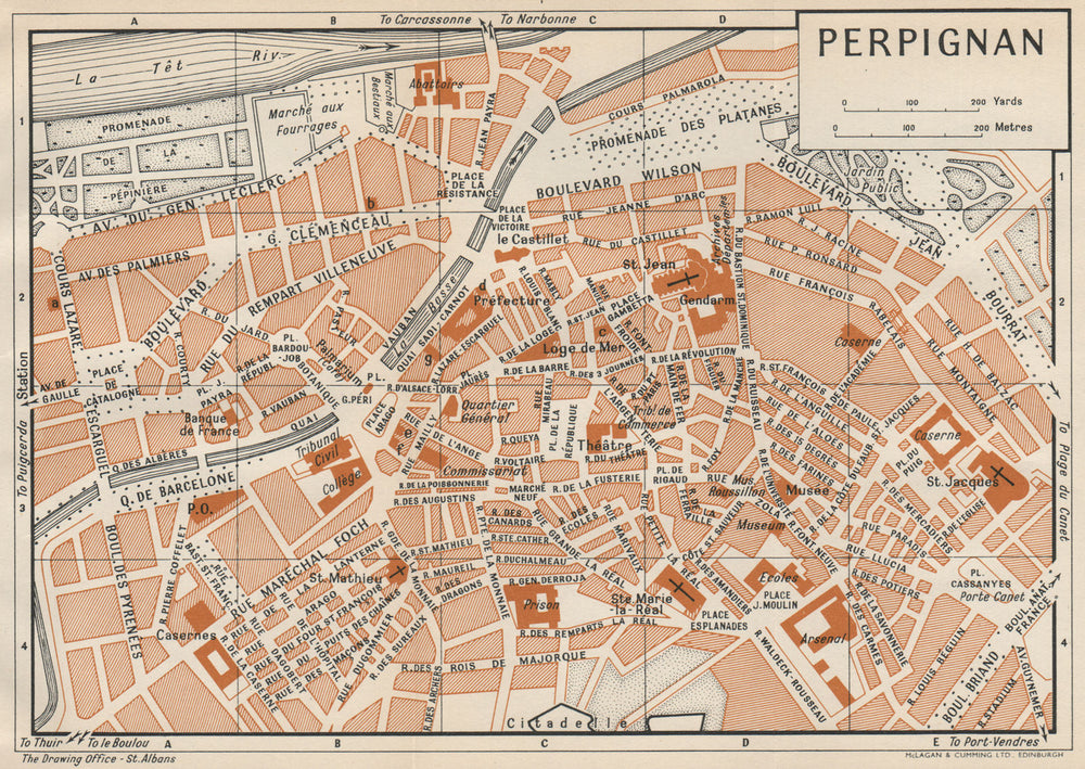 PERPIGNAN. Vintage town city map plan. Pyrénées-Orientales 1954 old