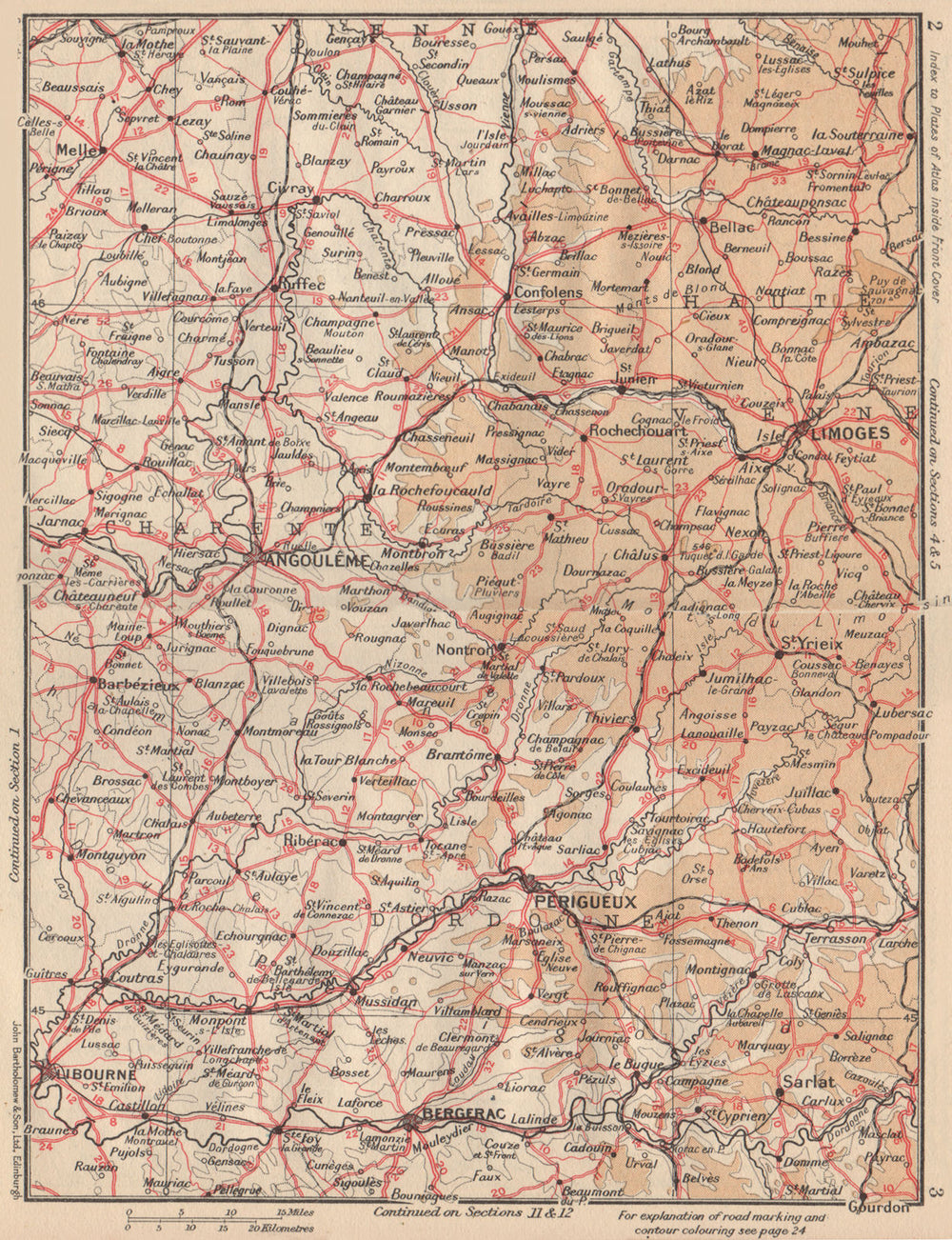 PERIGORD-LIMOUSIN. Périgueux Angoulême Bergerac Dordogne Charente 1954 old map