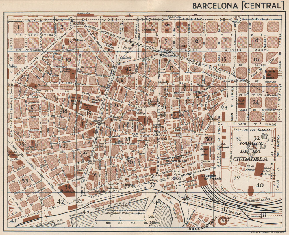 BARCELONA CENTRAL. Vintage town city map plan. Spain 1958 old vintage