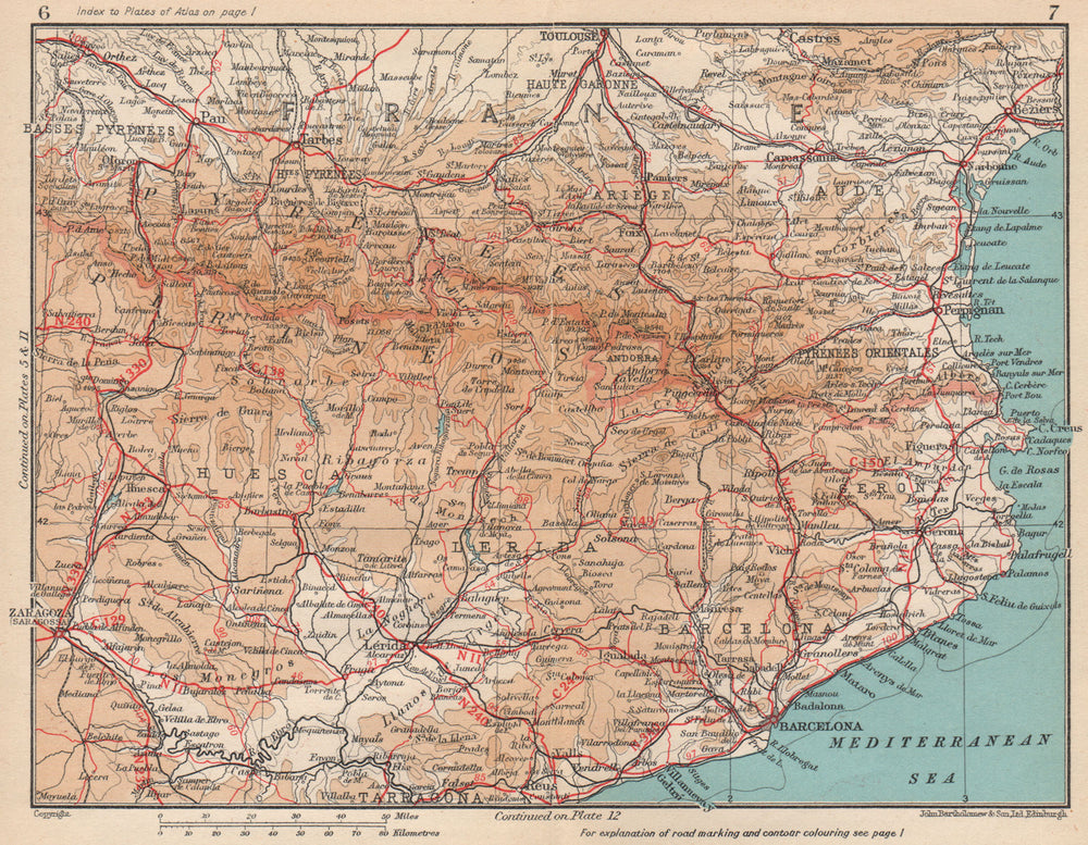 PYRENEES & CATALONIA (CATALUNYA) . Vintage map plan. France Spain 1958 old