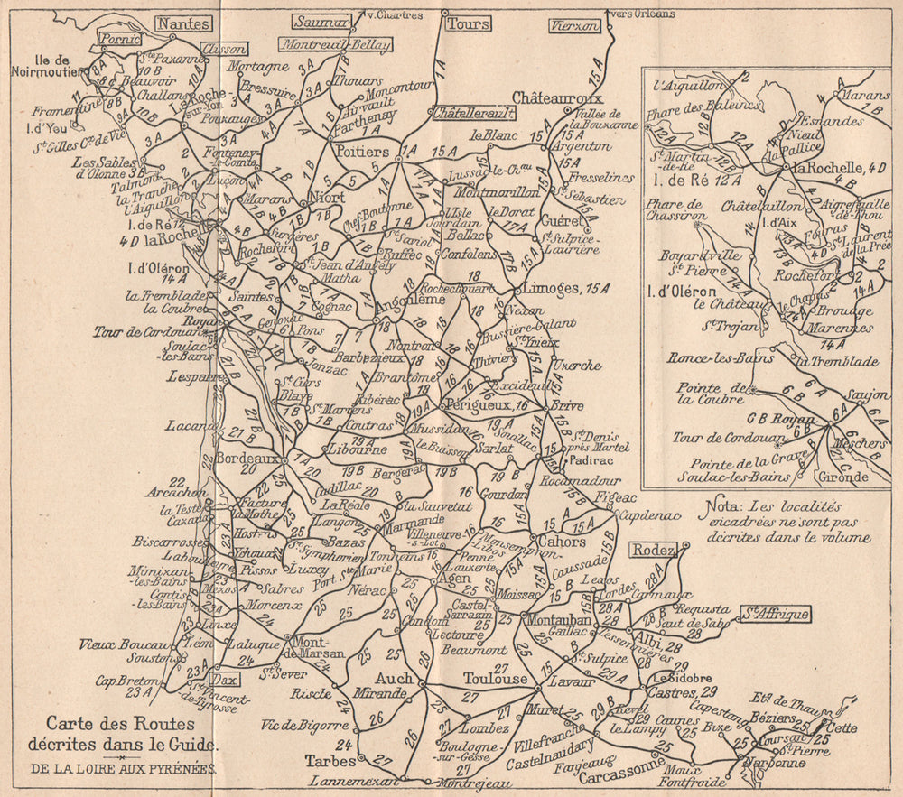 SOUTH WEST FRANCE. Carte des Routes. Vintage map plan carte 1899 old