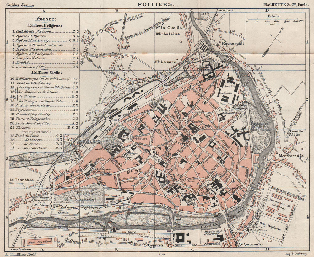 POITIERS. Vintage town city ville map plan carte. Vienne 1899 old antique