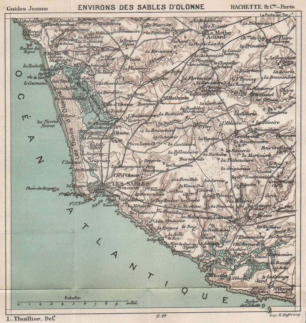 SABLES D'OLONNE & ENVIRONS. Côte de Lumière. Vintage map plan carte. Vendée 1899