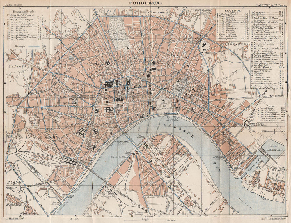 BORDEAUX. Vintage town city ville map plan carte. Gironde 1899 old antique