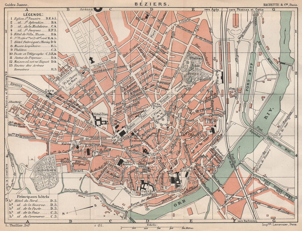 BEZIERS. Vintage town city ville map plan carte. Hérault. Béziers 1899 old