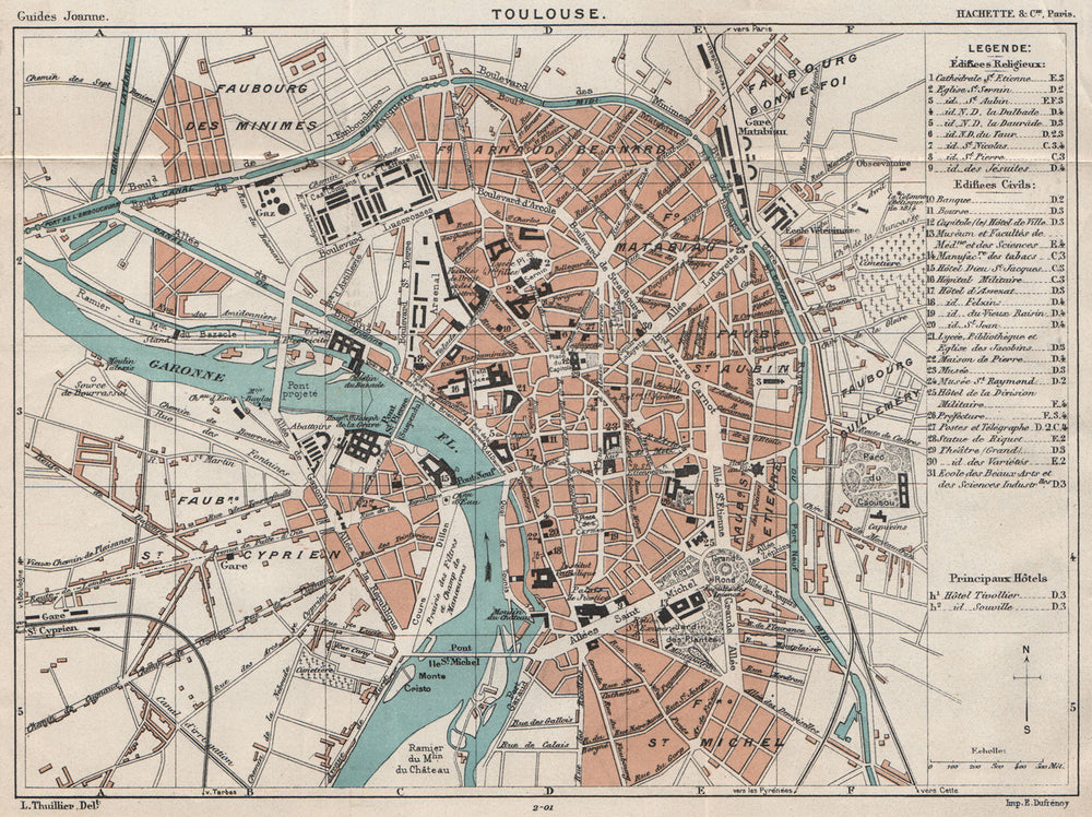 TOULOUSE. Vintage town city ville map plan carte. Haute-Garonne 1899 old