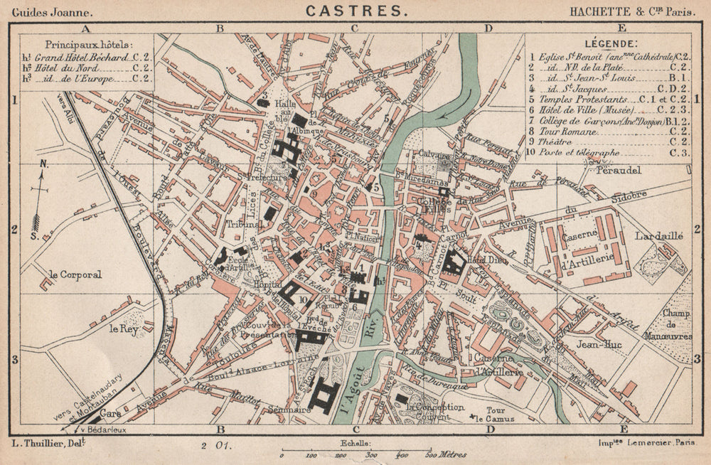 CASTRES. Vintage town city ville map plan carte. Tarn 1899 old antique