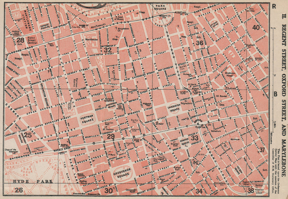 MARYLEBONE. Regent Street Oxford Street Mayfair Soho Fitzrovia. Vintage map 1927