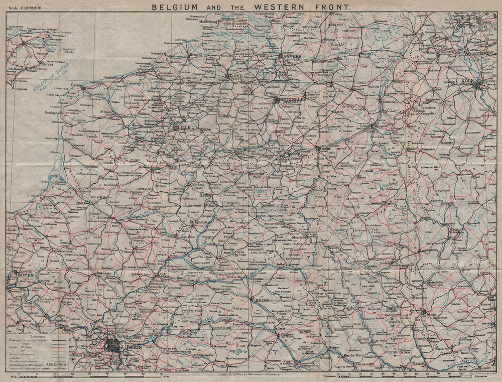 BELGIUM & THE WESTERN FRONT. Vintage map. North East France. Flanders. WW1 1920