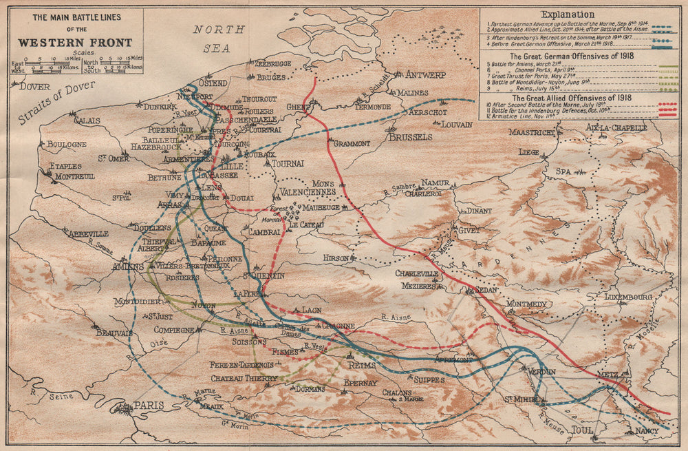 WESTERN FRONT MAIN BATTLE LINES. Vintage map. WW1 First World War. Flanders 1920