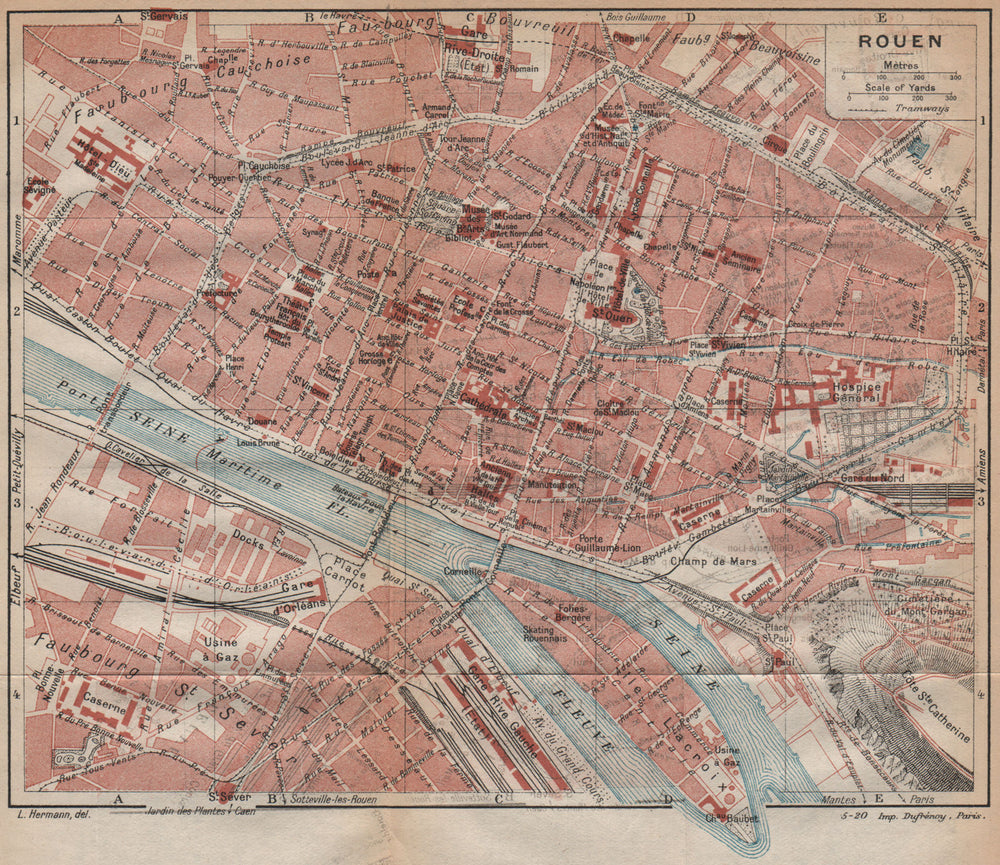 ROUEN. Vintage town city map plan. Seine-Maritime 1920 old antique chart