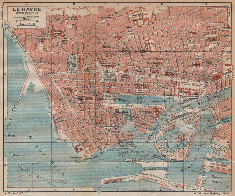 LE HAVRE (CENTRE DE LA VILLE) . Vintage town city map plan. Seine-Maritime 1920
