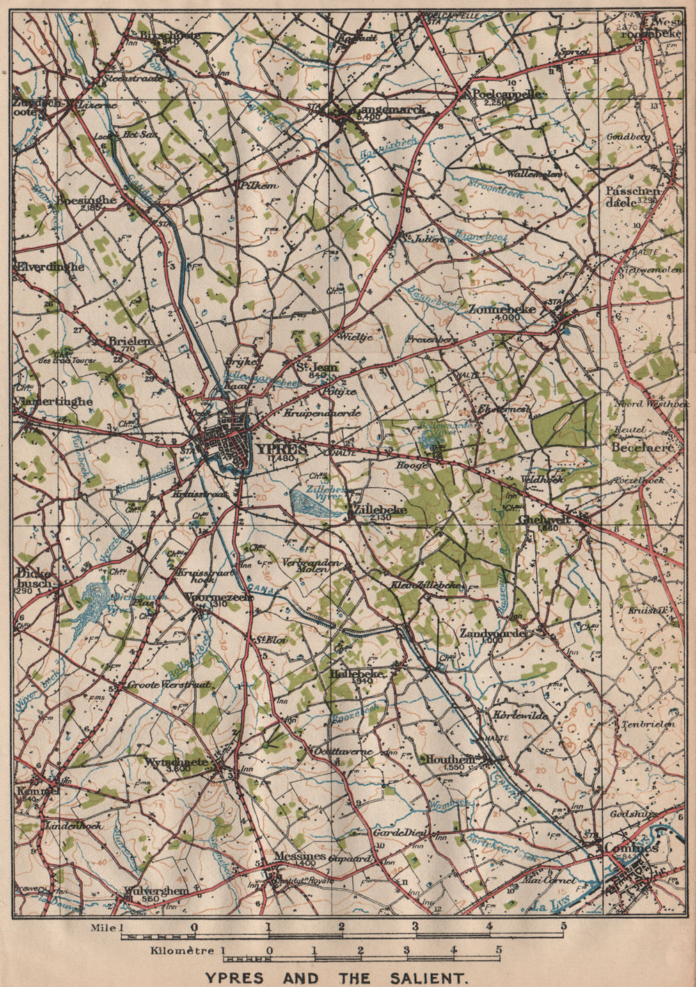 YPRES & THE SALIENT. Vintage map plan. Belgium. Comines Messina 1920 old