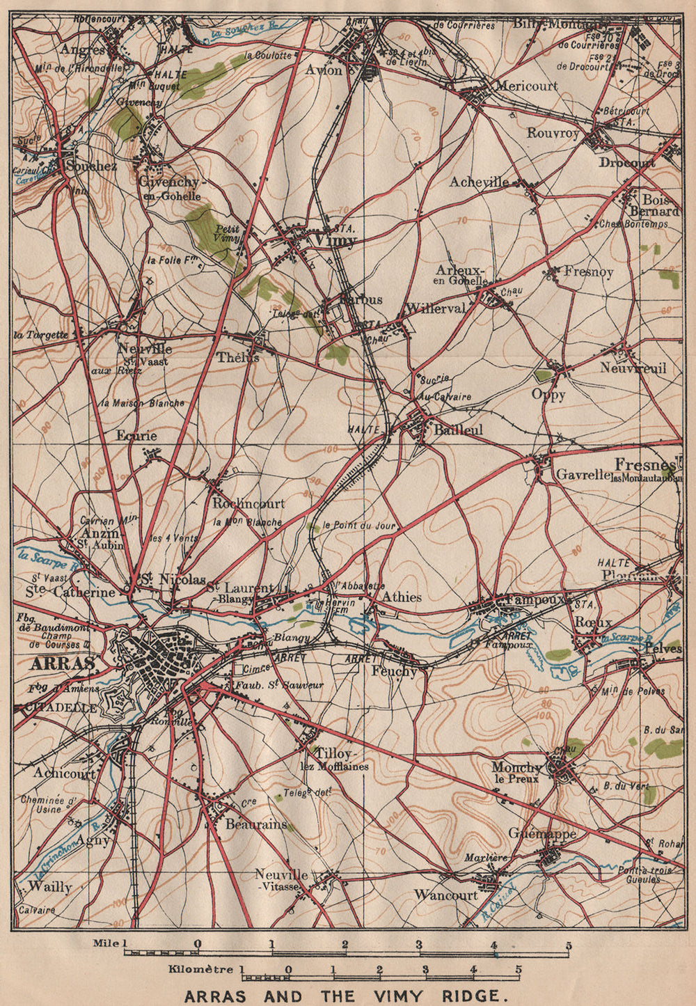 ARRAS AND THE VIMY RIDGE. Vintage map plan. Pas-de-Calais 1920 old antique