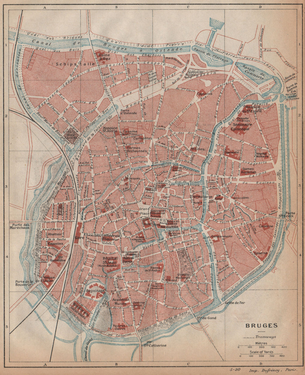 BRUGES. Vintage town city map plan. Belgium. Brugge 1920 old antique chart