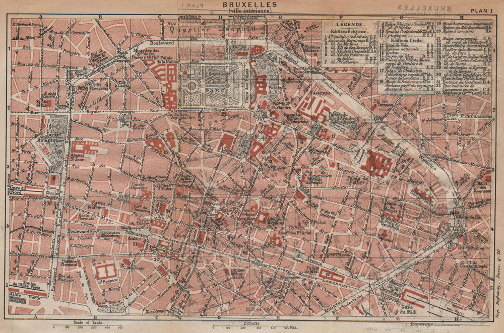 BRUXELLES(VILLE INTÉRIEURE).Vintage town city plan.Belgium.Brussels 1920 map