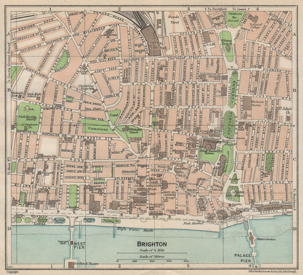 BRIGHTON. Vintage town city map plan. Sussex 1950 old vintage chart