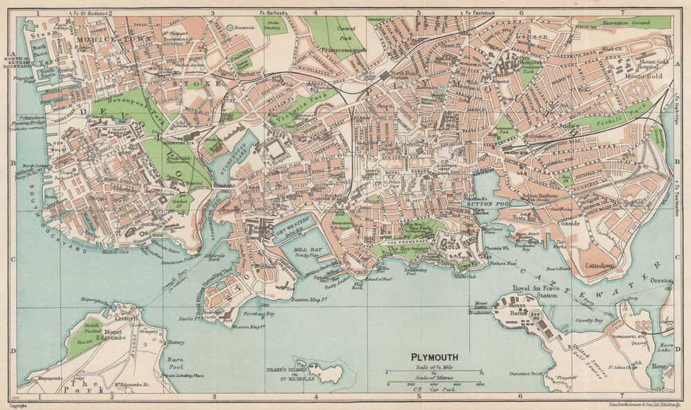 PLYMOUTH. Vintage town city map plan. Devonport Stonehouse. Devon 1950 old