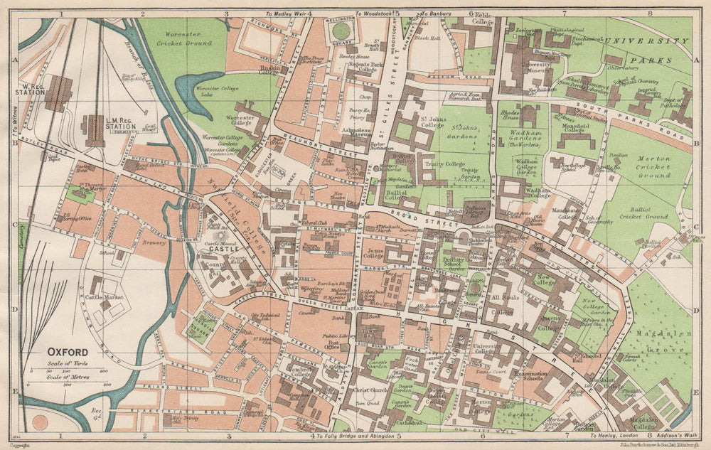 OXFORD. Vintage town city map plan. Oxfordshire. Colleges 1950 old vintage