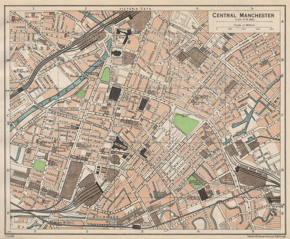 CENTRAL MANCHESTER. Vintage town city map plan. Lancashire 1950 old