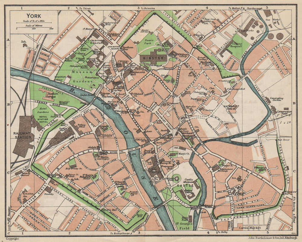 YORK. Vintage town city map plan. Yorkshire 1950 old vintage chart