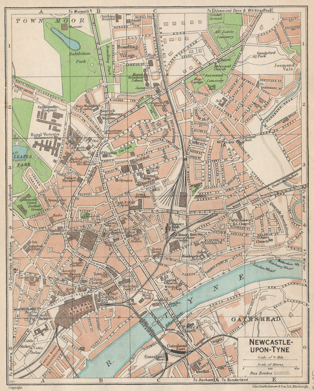 NEWCASTLE-UPON-TYNE. Vintage town city map plan. Northumberland 1950 old