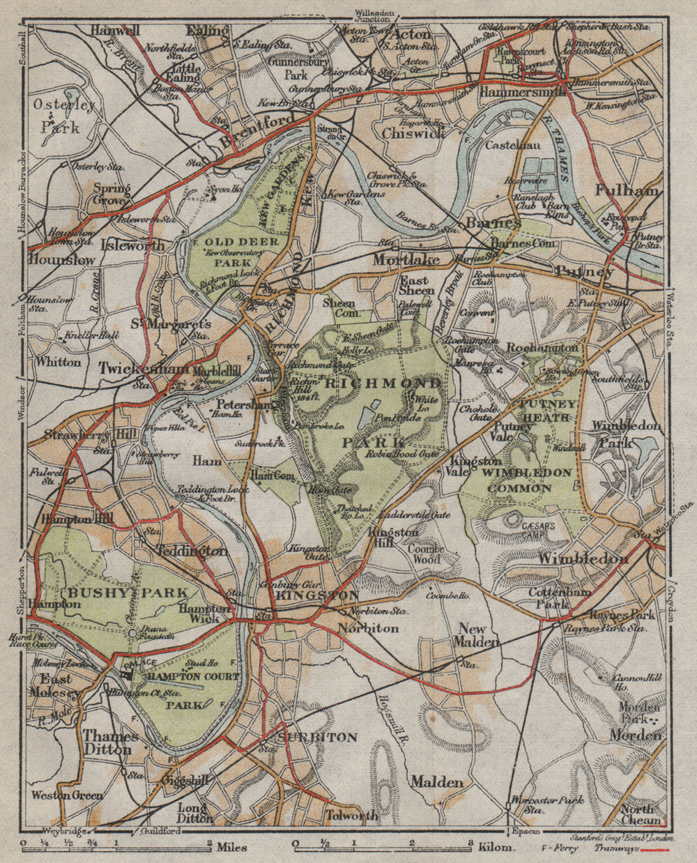 SW LONDON. Richmond Barnes Kingston Chiswick Wimbledon Kew Bushy Park 1919 map