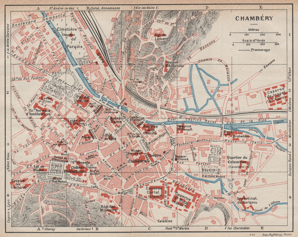 CHAMBÉRY. Vintage town city map plan. Savoie 1923 old antique chart