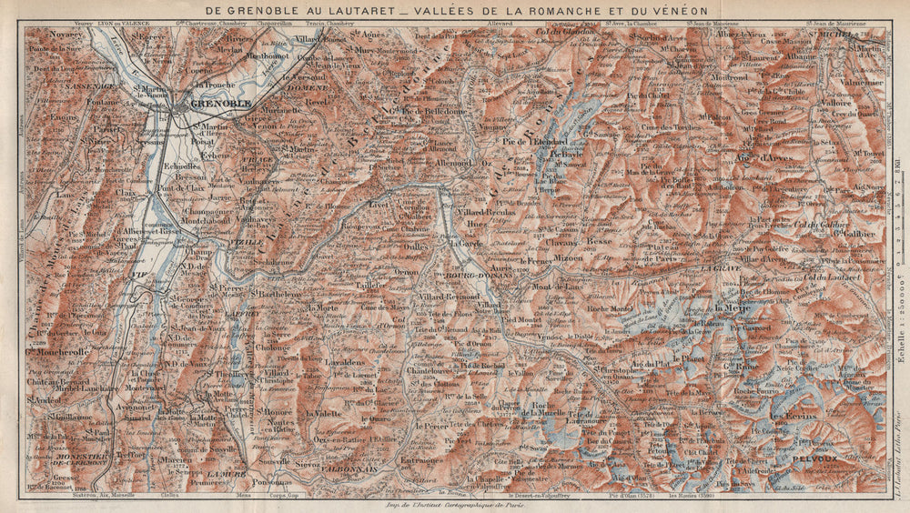 VALLÉES DE LA ROMANCHE & DU VÉNÉON.Grenoble-Lautaret.Alpe d'Huez.Isère 1923 map