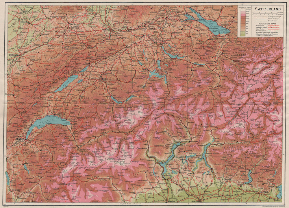 SWITZERLAND RELIEF. Vintage map plan. Roads. Suisse Schweiz 1930 old
