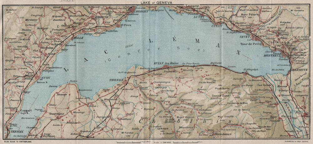 LAKE OF GENEVA. Lac Léman. Montreux Lausanne Vevy Nyon. Switzerland 1930 map