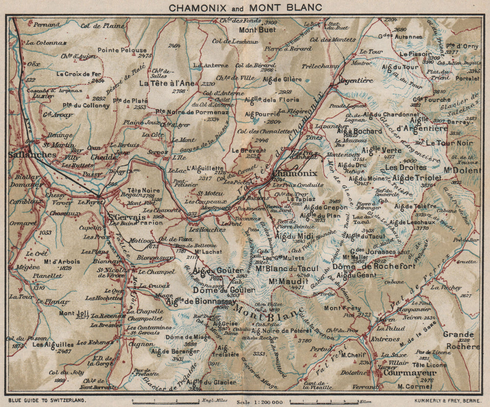 CHAMONIX & MONT BLANC. St Gervais Les Houches Argentière Courmayeur 1930 map