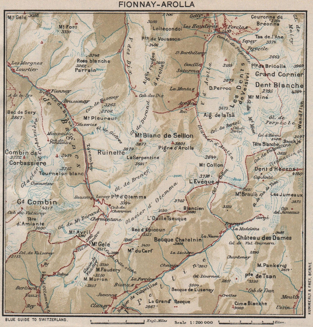 FIONNAY-AROLLA. Vintage map plan. Les Haudères. Switzerland 1930 old