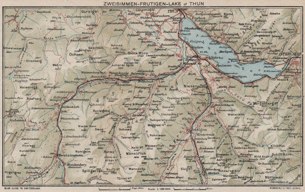 ZWEISIMMEN FRUTIGEN THUNERSEE. Interlaken Spiez Kienthal Aeschi 1930 old map