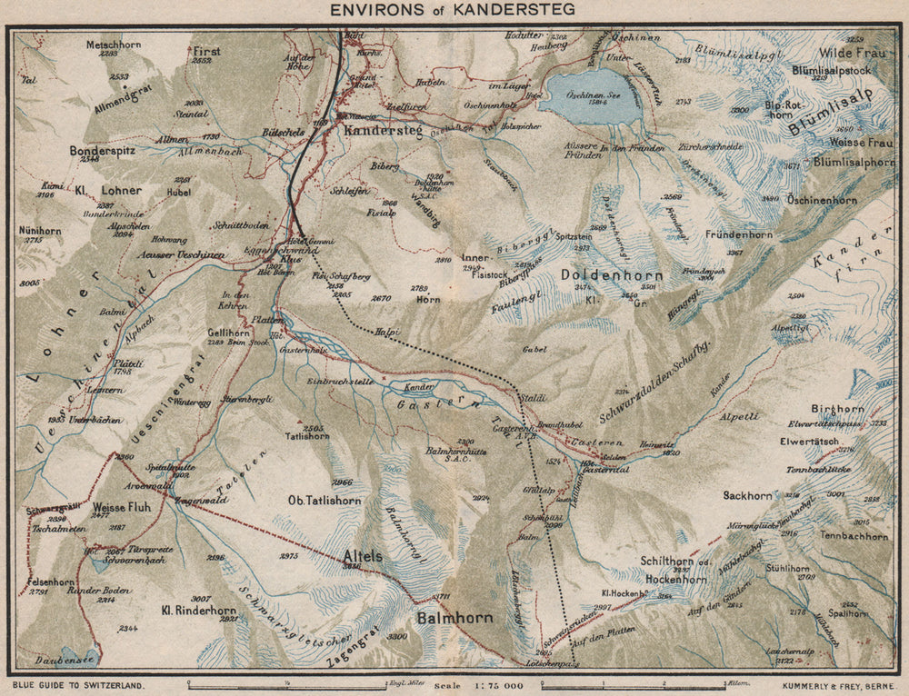 KANDERSTEG ENVIRONS. Blümlisalp Berne Doldenhorn. Vintage map. Switzerland 1930