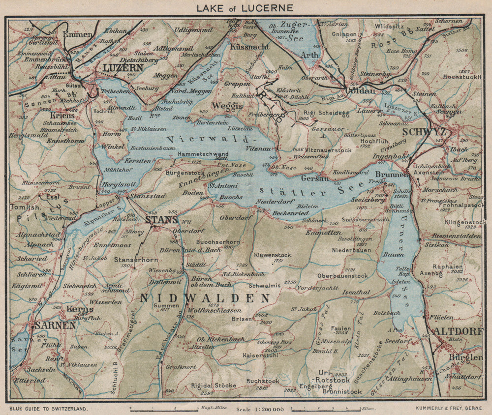 LAKE LUCERNE. Vierwaldstättersee. Luzern Altdorf Emmetten Engelberg 1930 map