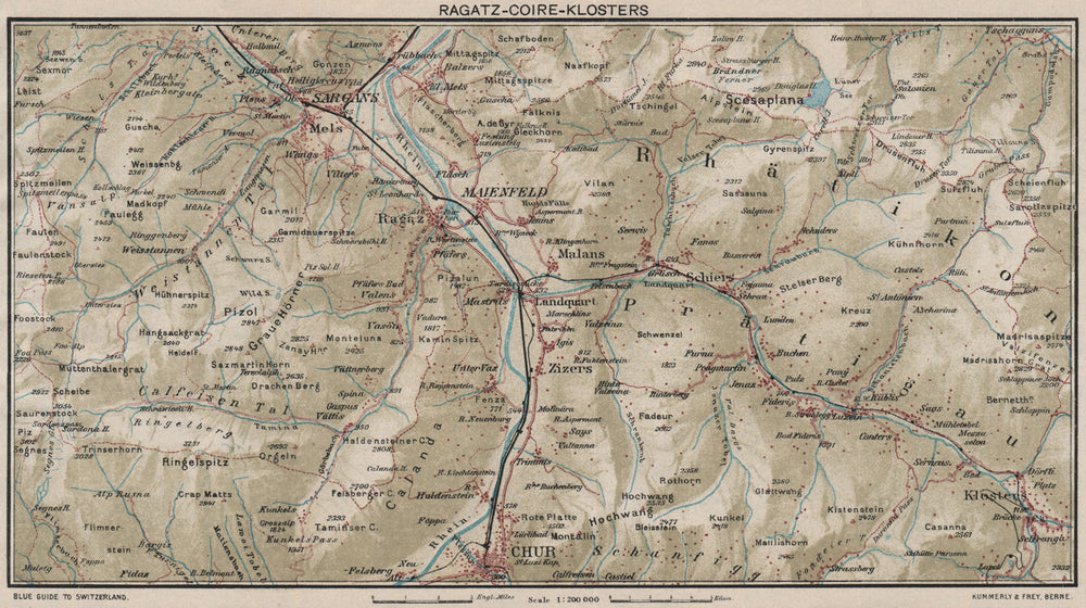 RAGATZ-CHUR-KLOSTERS. Grusch Bad Ragaz Fideris. Vintage map. Switzerland 1930