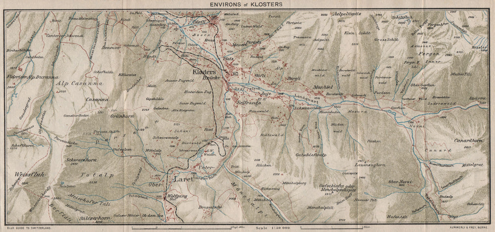 KLOSTERS & ENVIRONS. Klosters Dorf. Vintage map plan. Switzerland 1930 old