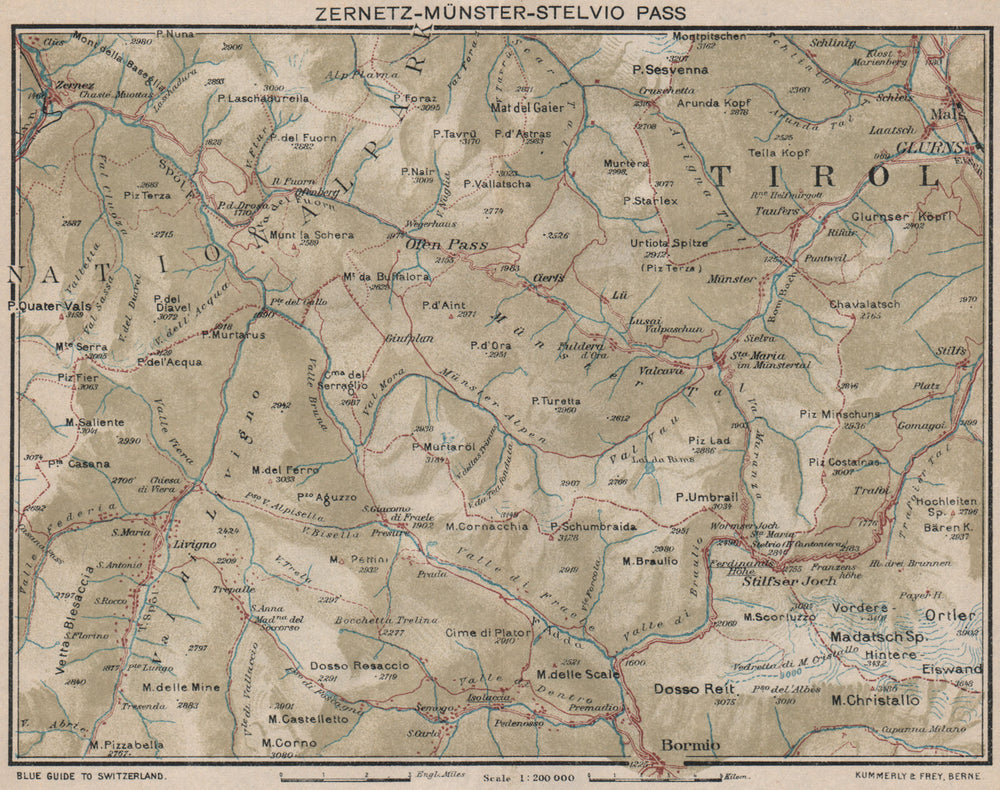 ZERNEZ MÜNSTER PASSO DEL STELVIO PASS. Bormio Livigno. Schweiz Italia 1930 map