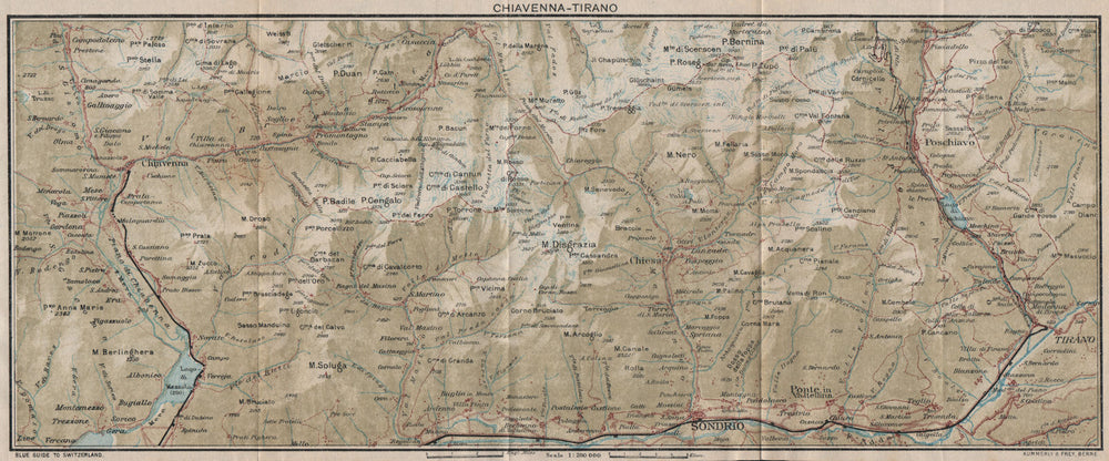CHIAVENNA-TIRANO. Chiesa Poschiavo Maloja Sondrio. Vintage map plan. Italy 1930