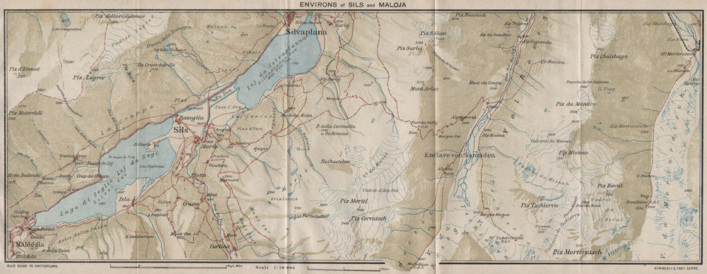 SILS & MALOJA ENVIRONS. Silvaplana. Silsersee. Vintage map. Switzerland 1930