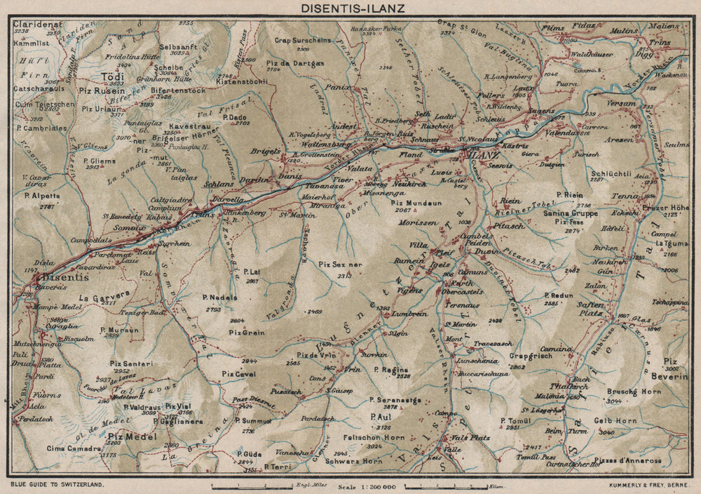 VORDERRHEIN. Flims Laax Falera Briel Andiast Waltensburg Disentis Ilanz 1930 map